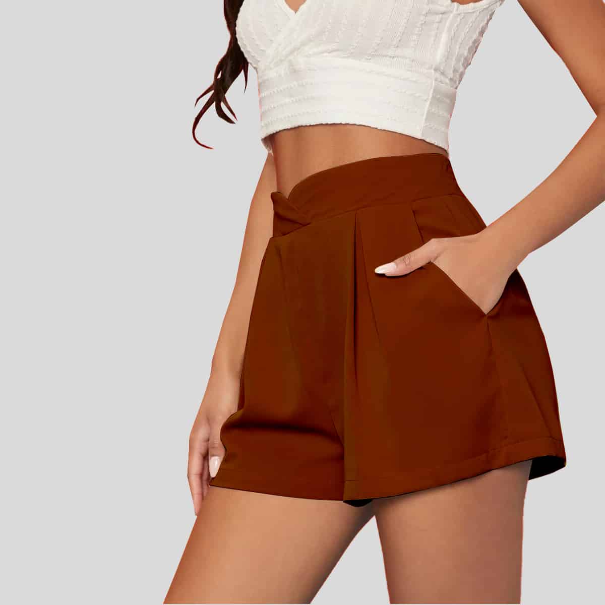 Brown Plicate Detail Wide Leg Shorts-RFS013