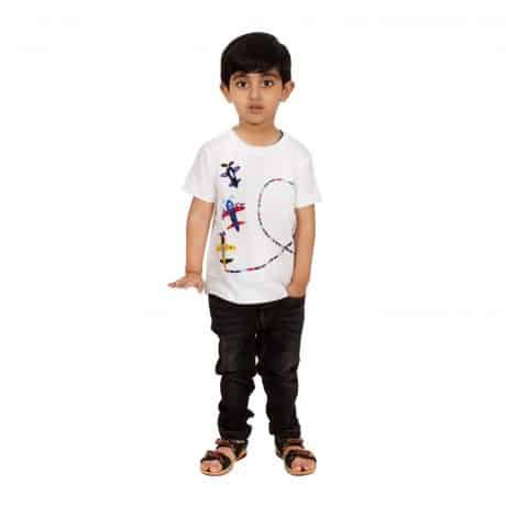 Boys Graphic Print Cotton Blend T Shirt (White, Pack of 1) - RKFC61