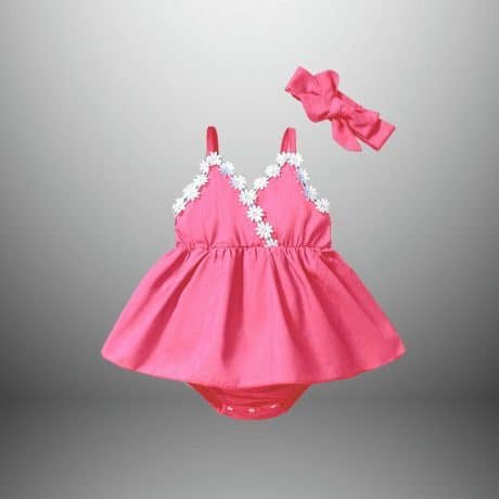 Baby Girl's pink Romper with lace border and a free Hairband-RKFCTT067