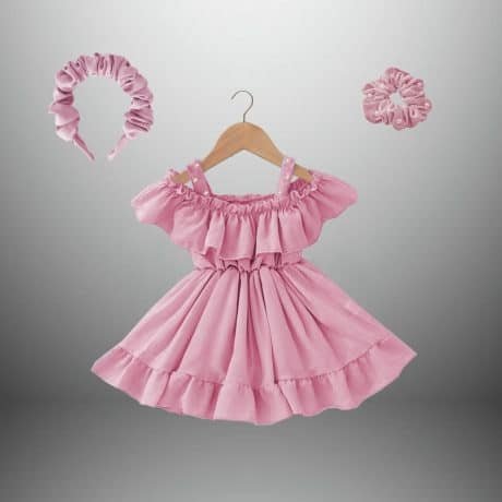 Girl's cold shoulder frill dress with  free cute hairband and  scrunchy-RKFCW386