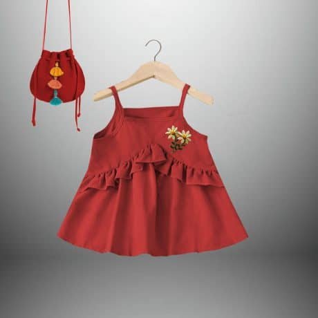 Girl's cute dress with a floral motif design with a free sling bag-RKFCW387