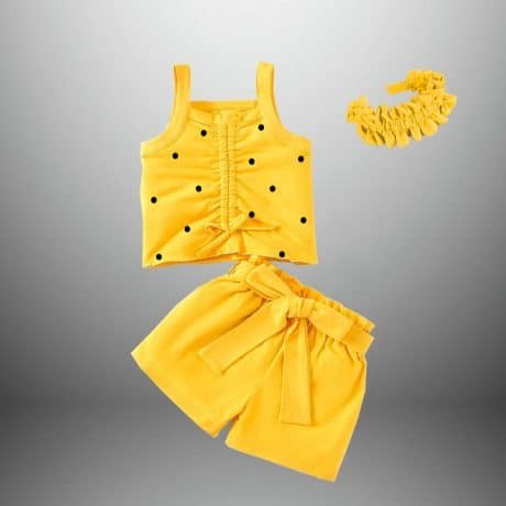 2 piece set polka dot top and solid short for girl's with a free hairband-RKFCW388