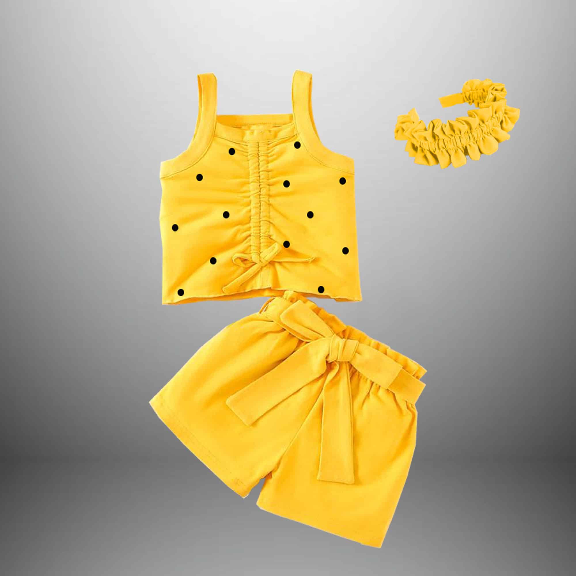 2 piece set polka dot top and solid short for girl's with a free hairband-RKFCW388
