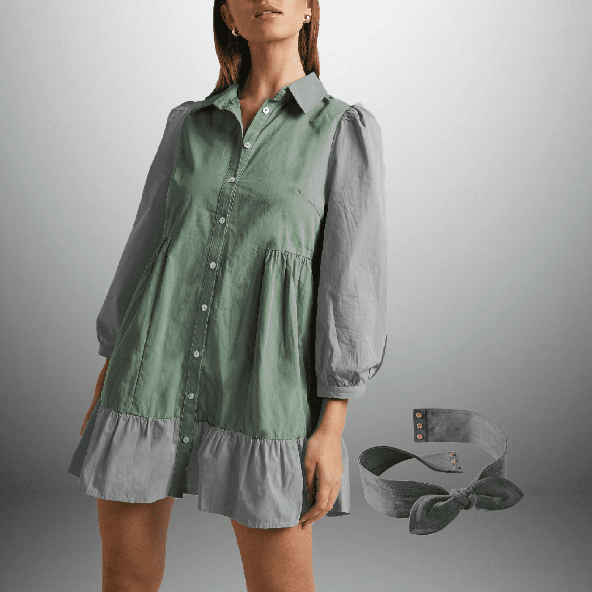Color-blocked Mini Dress with Frills and a Belt-RCD031