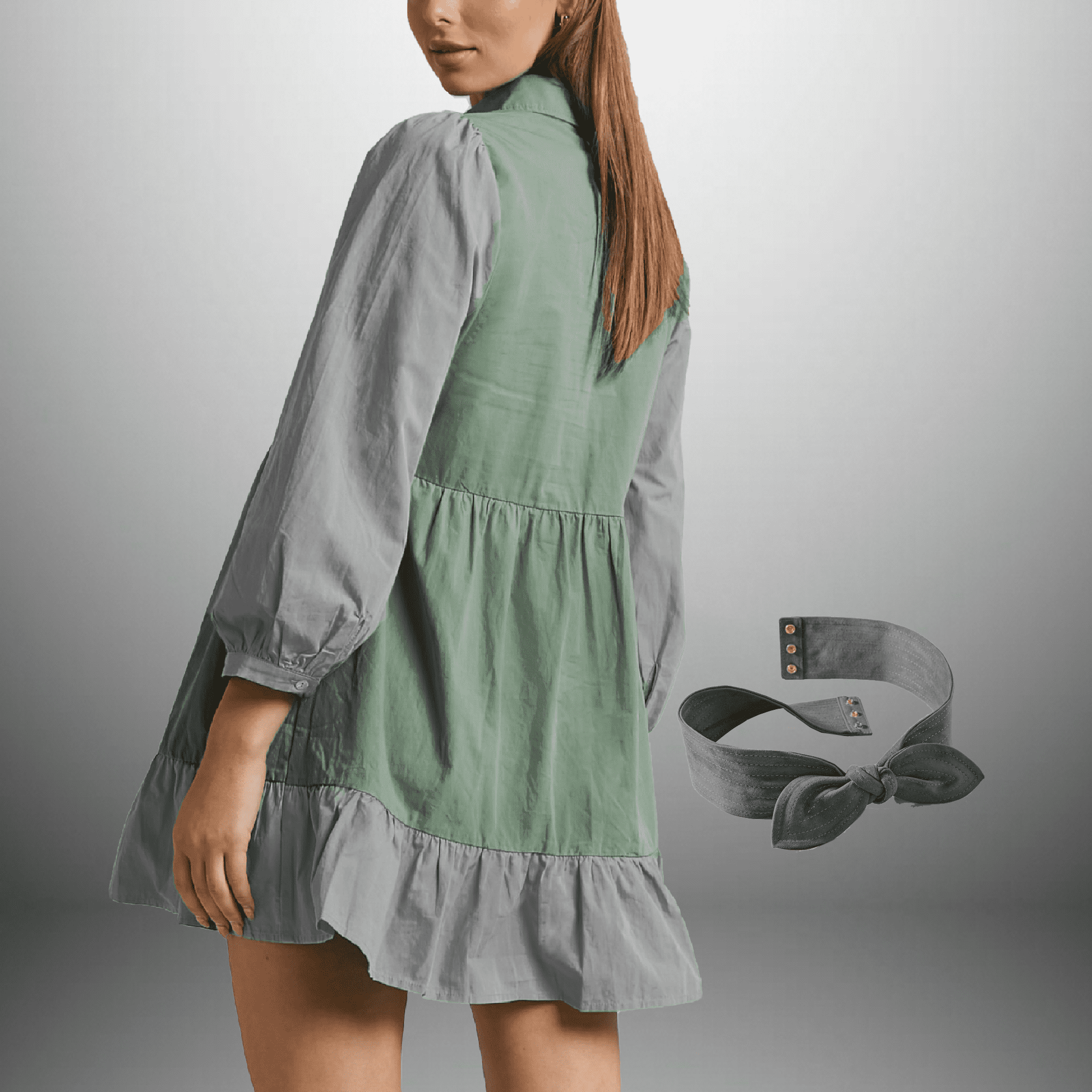Color-blocked Mini Dress with Frills and a Belt-RCD031