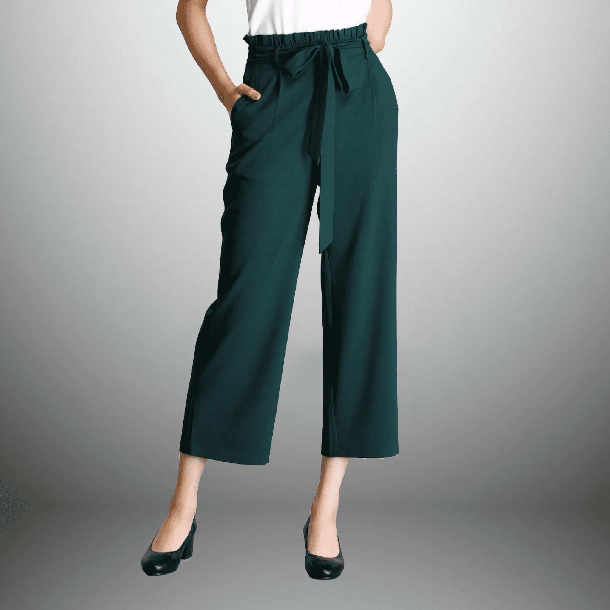 Women's Regular Fit Dark Teal Blue Trouser with a Fabric Belt-REP003