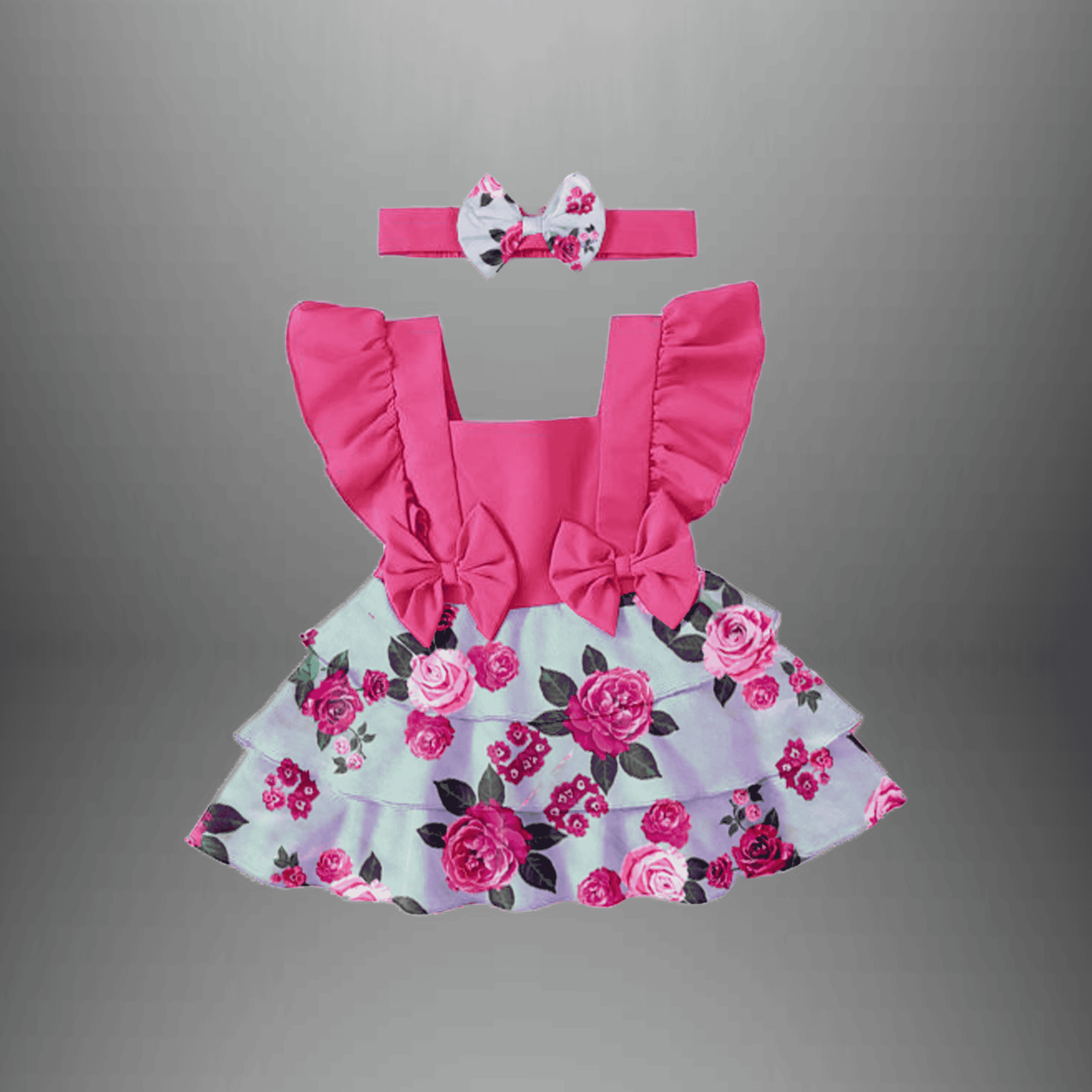 Floral printed frilled dress with a free bow hairband-RKFCW397