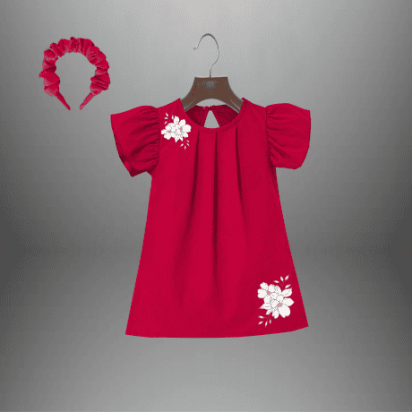 Pretty pink dress with flutter sleeves for Girl with Free hairband-RKFCW403