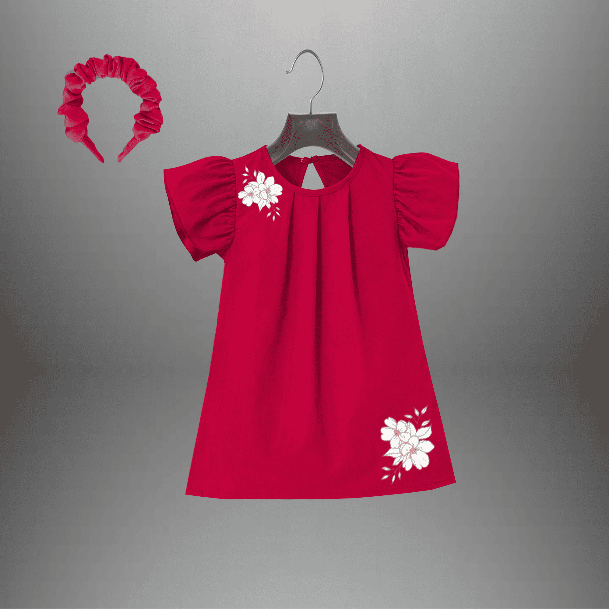 Pretty pink dress with flutter sleeves for Girl with Free hairband-RKFCW403