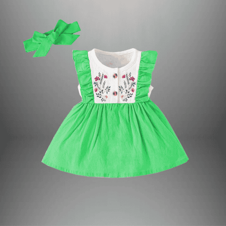 Girl's frilled dress with a floral motif design  with a free hairband-RKFCW407
