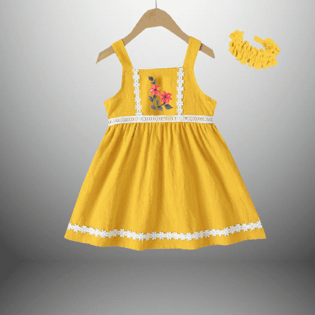 Girl's yellow dress with laces on it -RKFCW413