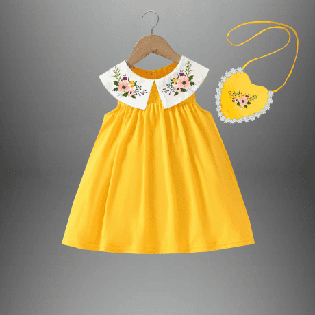 Peter pan collar yellow A line Dress with white collar for Girls and a free bag-RKFCW420