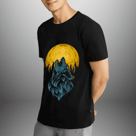 Men's Solid black T-shirt with moon wolf-RKTM007