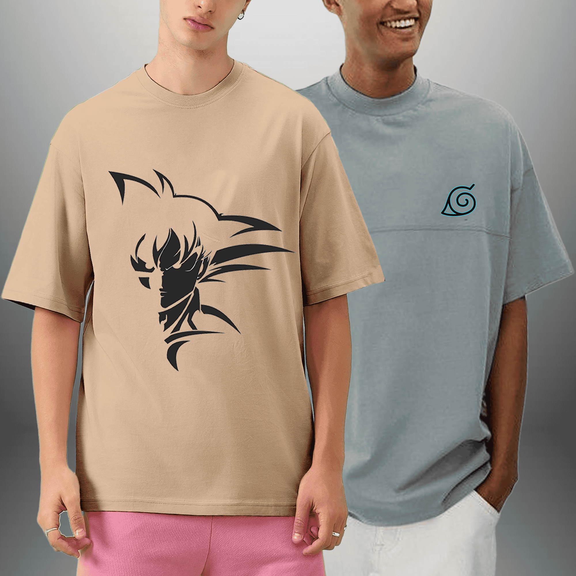 Pack Of 2 Men's Beige  & Sky Grey Graphic Printed T-Shirts-RKTMCO005