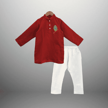 Boy's maroon kurta with pyjama with peacock feather motif-RKFCW451
