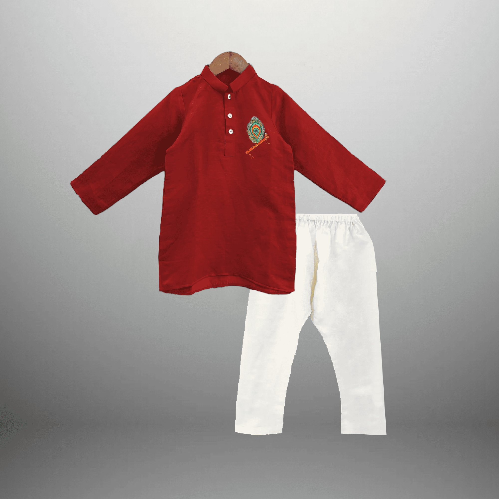 Boy's maroon kurta with pyjama with peacock feather motif-RKFCW451