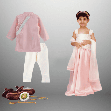 Kids combo designs of light Pink lehenga-choli and kurta set for raksha bandhan-RKCS001