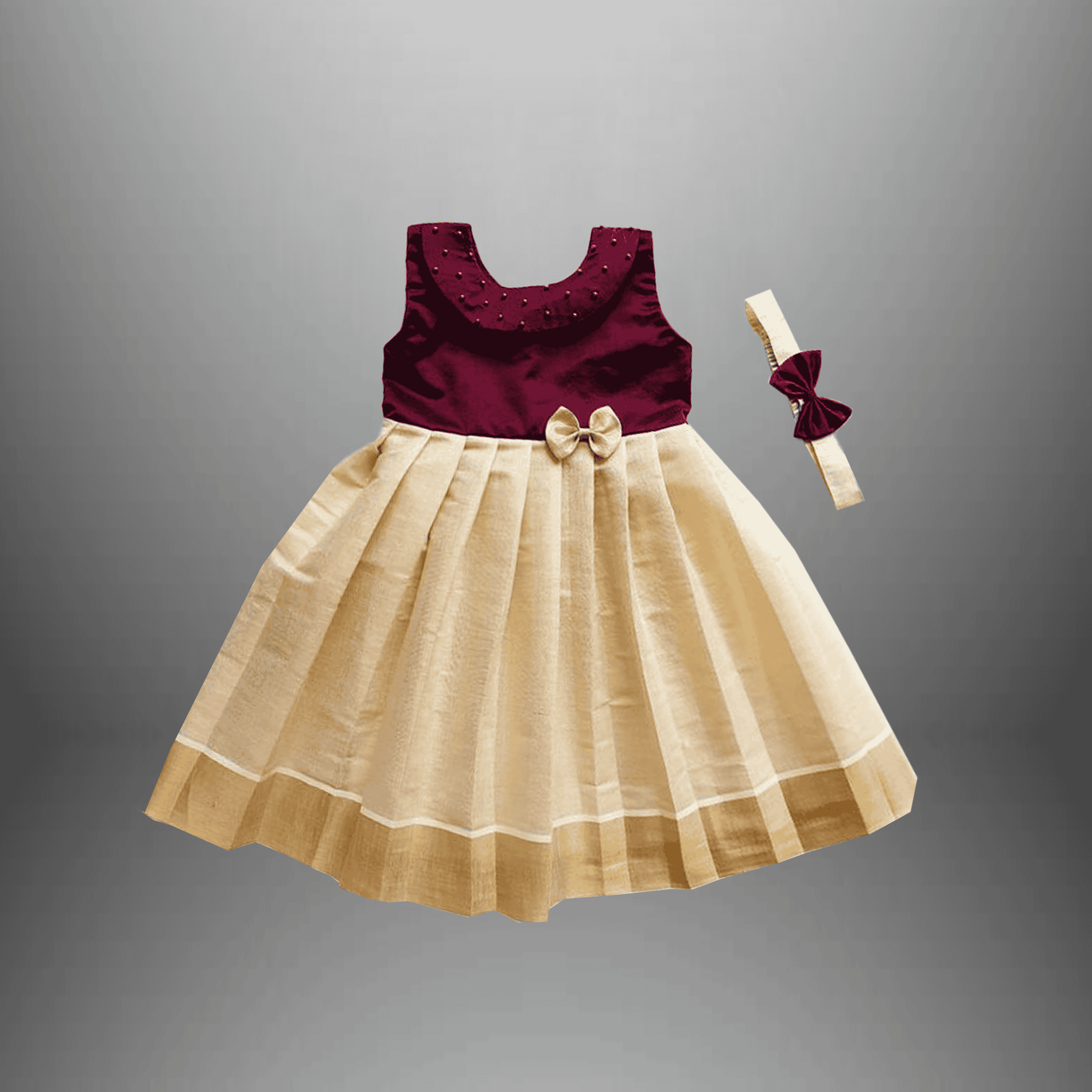 Girl's pretty festive wear dress with a bow with a free hairband-RKFCW431