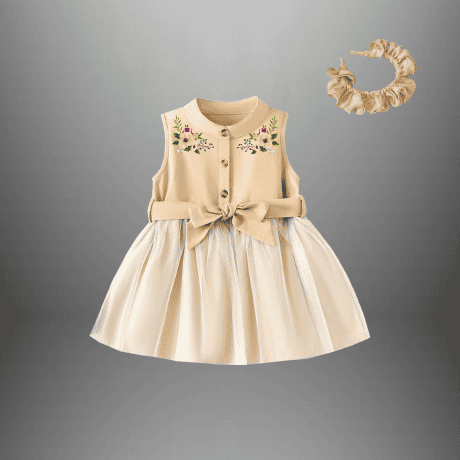 Girl's pretty Beige party dress with a free hairband-RKFCW423