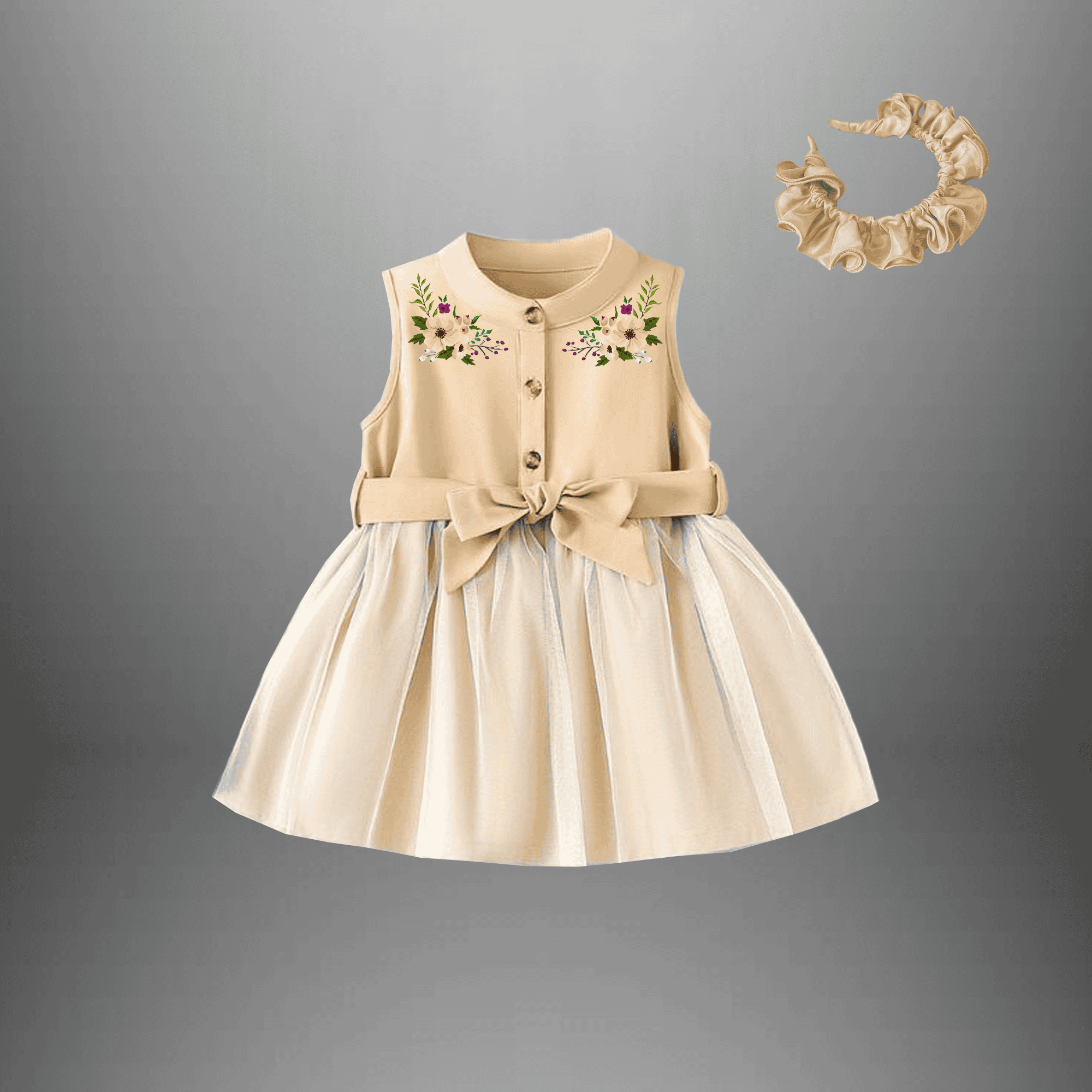 Girl's pretty  Beige  party dress with a free hairband-RKFCW423