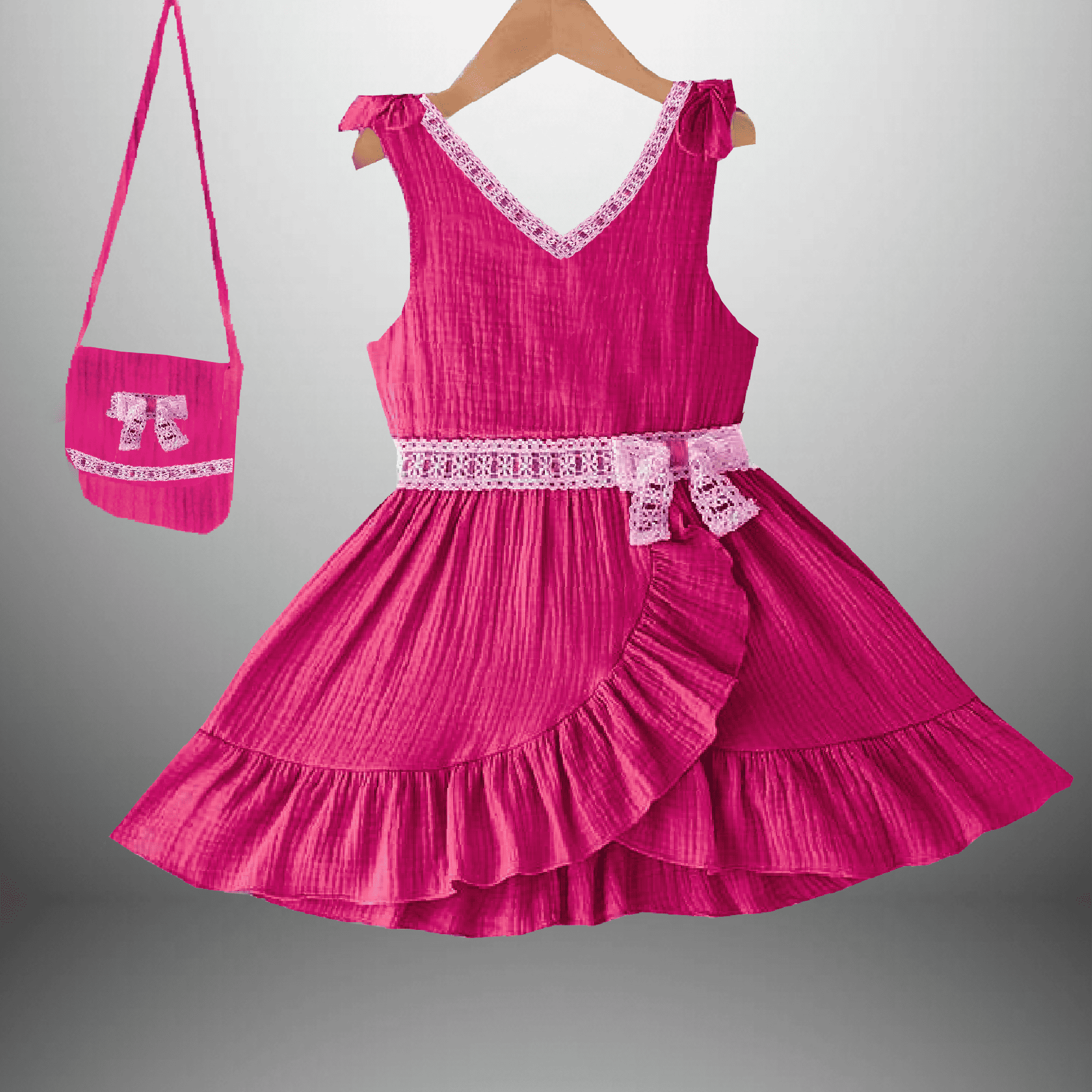 Girl's pretty pink V neck dress with lace work & frills with free sling bag-RKFCW458