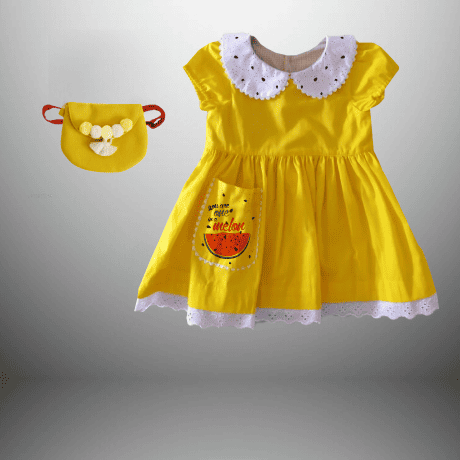Girl's yellow dress with peter pan collar and a pocket with a free sling bag-RKFCW459