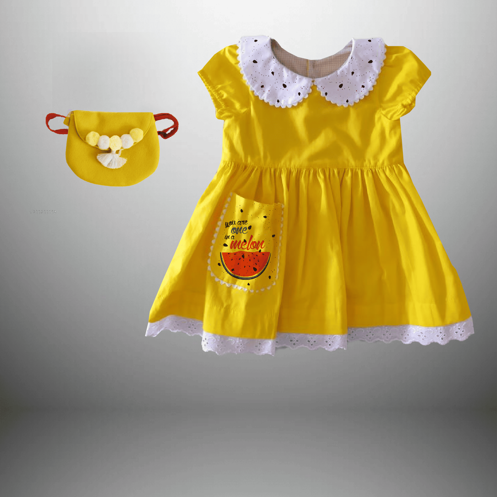 Girl's yellow dress with peter pan collar and a pocket with a free sling bag-RKFCW459