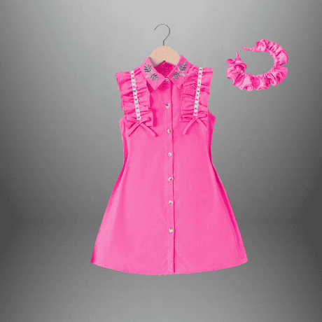 Girl's pretty pink shirt dress with frills and lace & a free hairband-RKFCW425