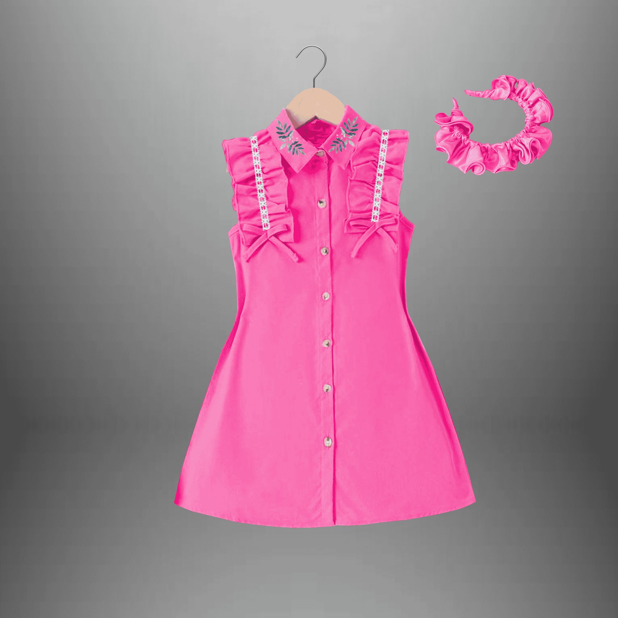 Girl's pretty pink shirt dress with frills and lace & a free hairband-RKFCW425