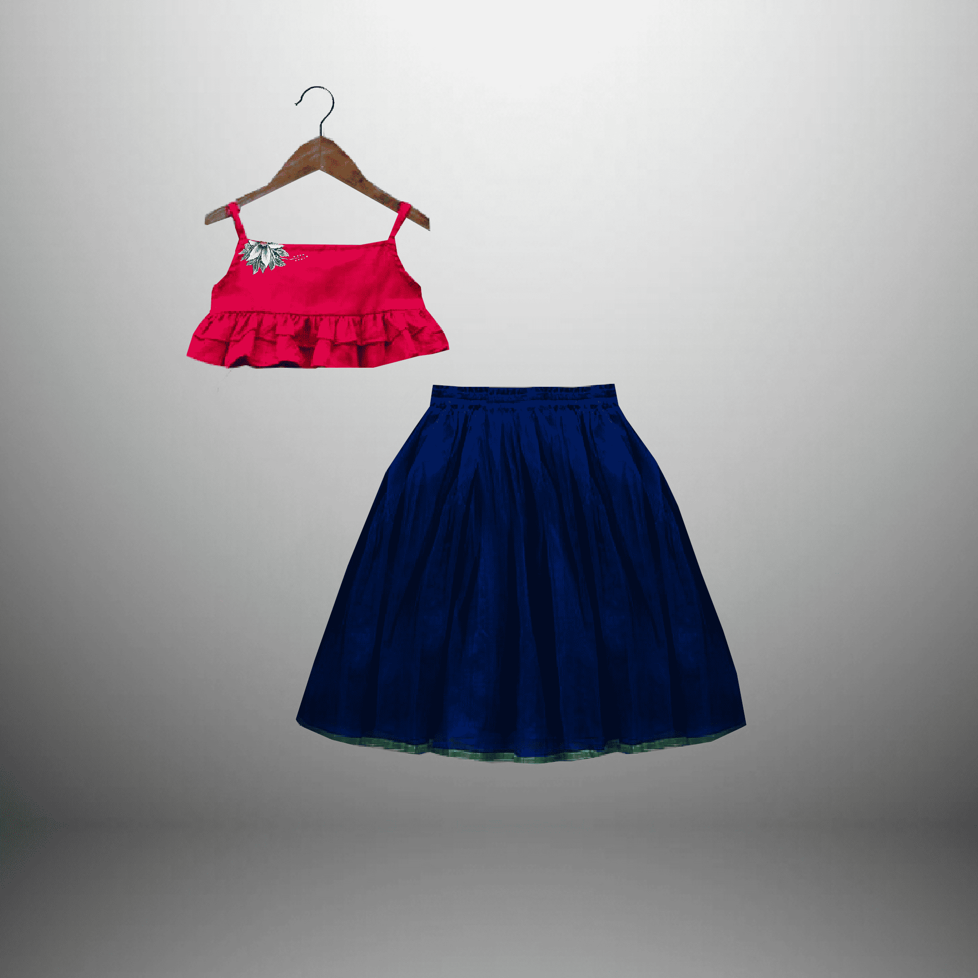 Girl's spaghetti blouse with frills with flared long skirt-RKFCW439