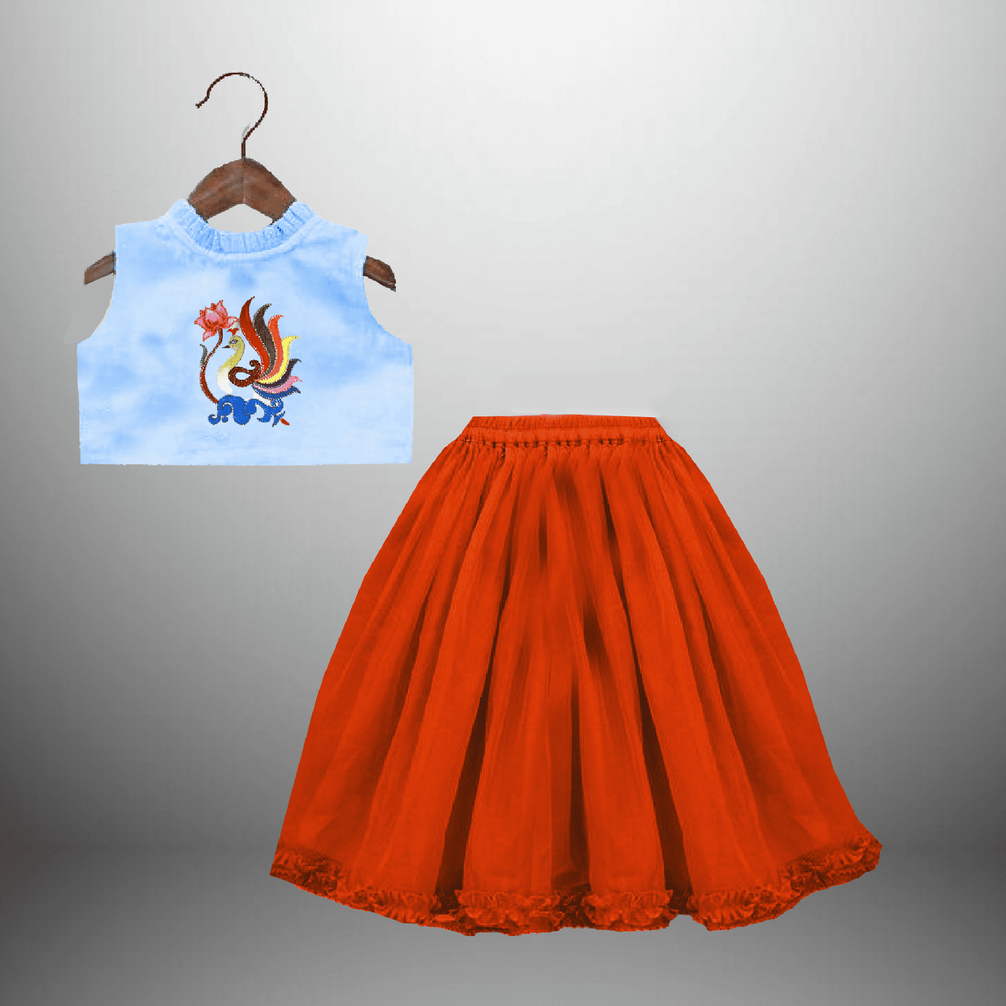 Girl's orange lehenga skirt with blue sleeveless blouse-RKFCW442