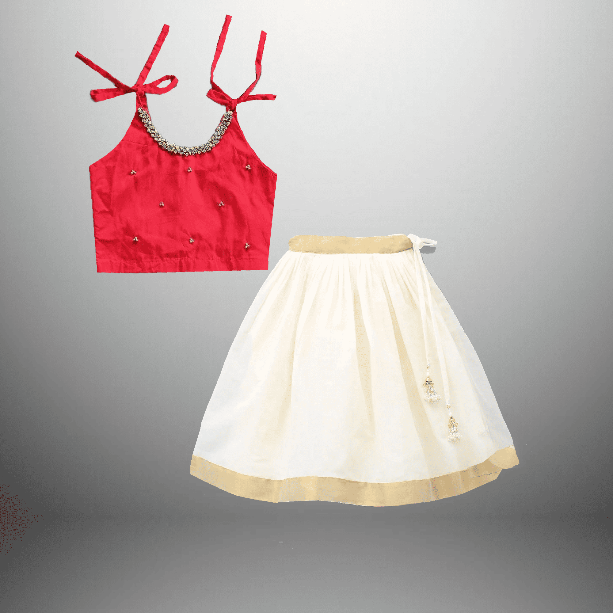 Girl's long pleated skirt with shoulder tie blouse-RKFCW435