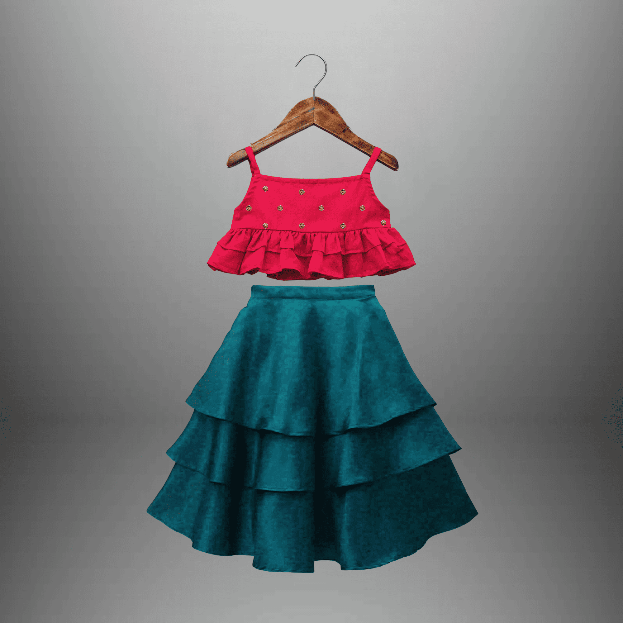 Girl's pink frilled top and flared lehenga-RKFCW445