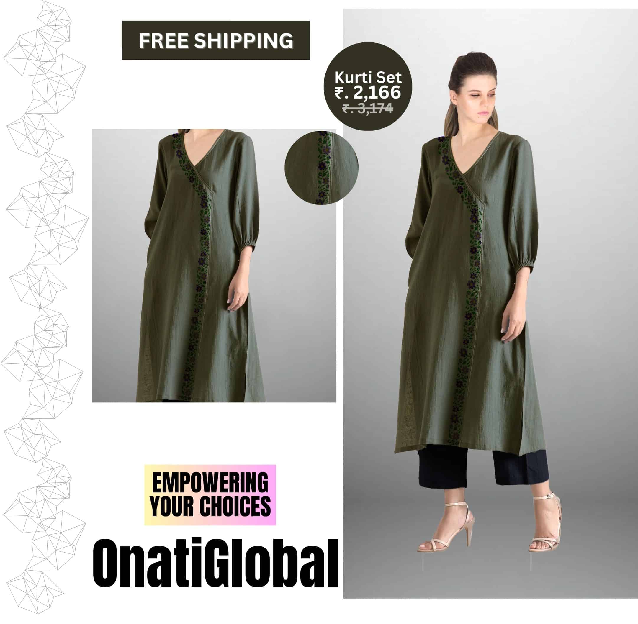 Women's Rayon Pine Green color overlapped Kurti and Black pant with floral embroidery-RWKS004