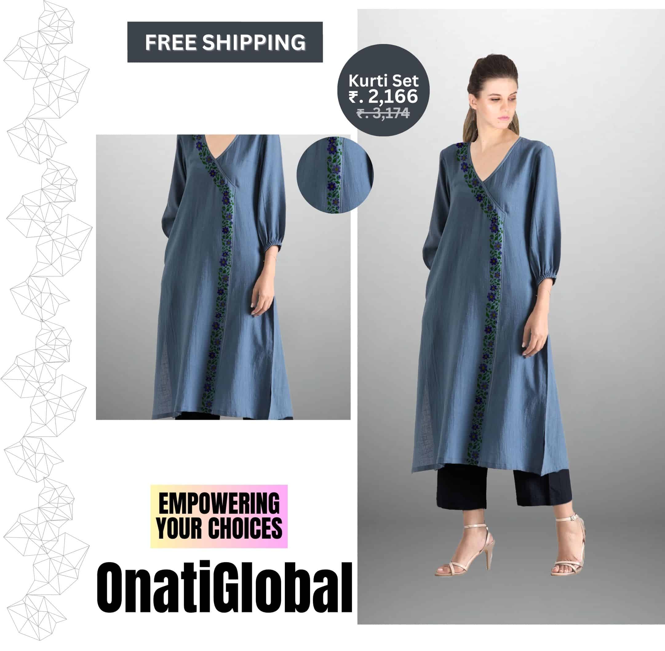 Women's Rayon Horizon blue color overlapped Kurti and black pant with floral embroidery -RWKS005