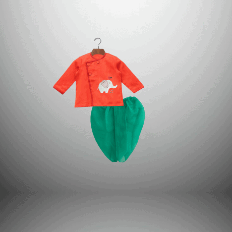 Toddler's orange kurta with elephant applique and Light green Dhoti-RKFCTT085