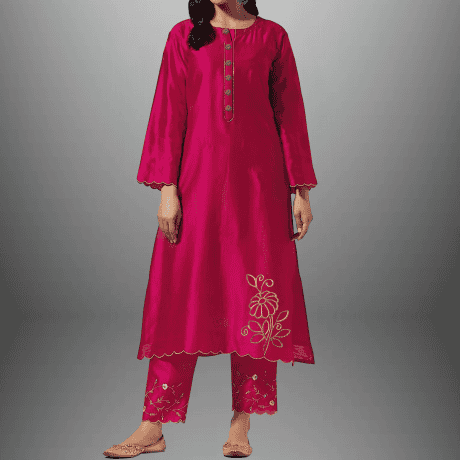 Women's Bright pink kurti set with button embellishment and embroidery work-RWKS018