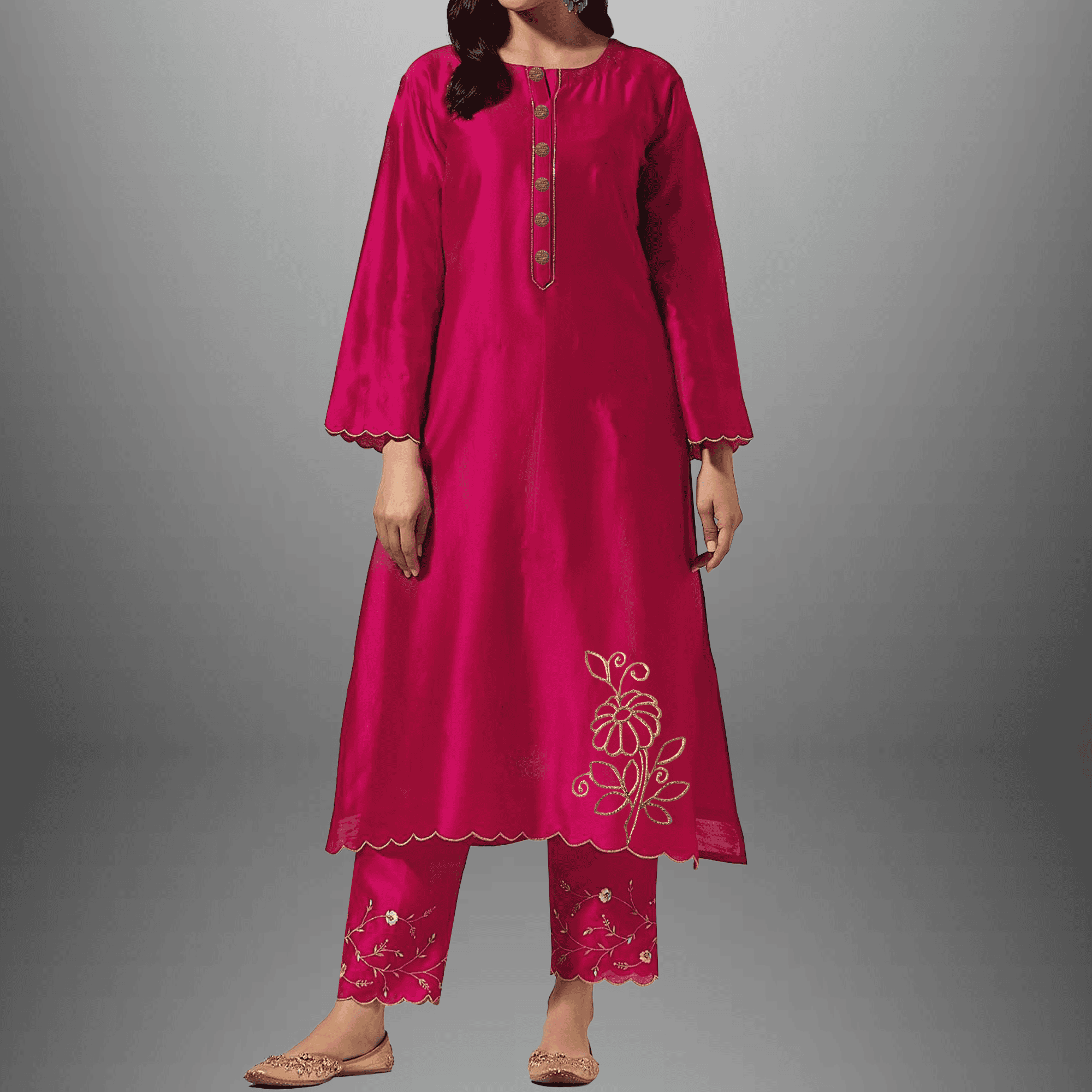 Women's Bright pink kurti set with button embellishment and embroidery work-RWKS018