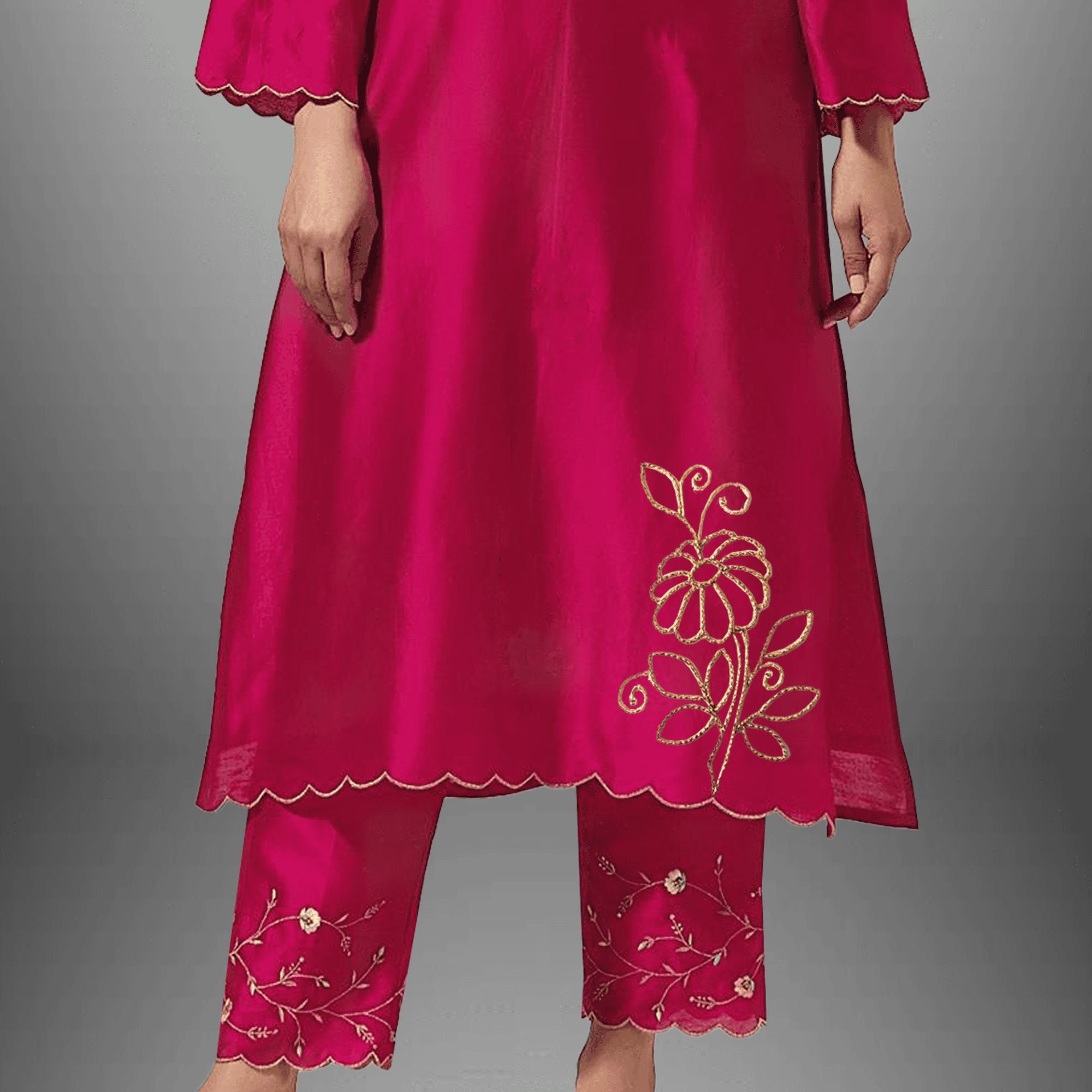 Women's Bright pink kurti set with button embellishment and embroidery work-RWKS018
