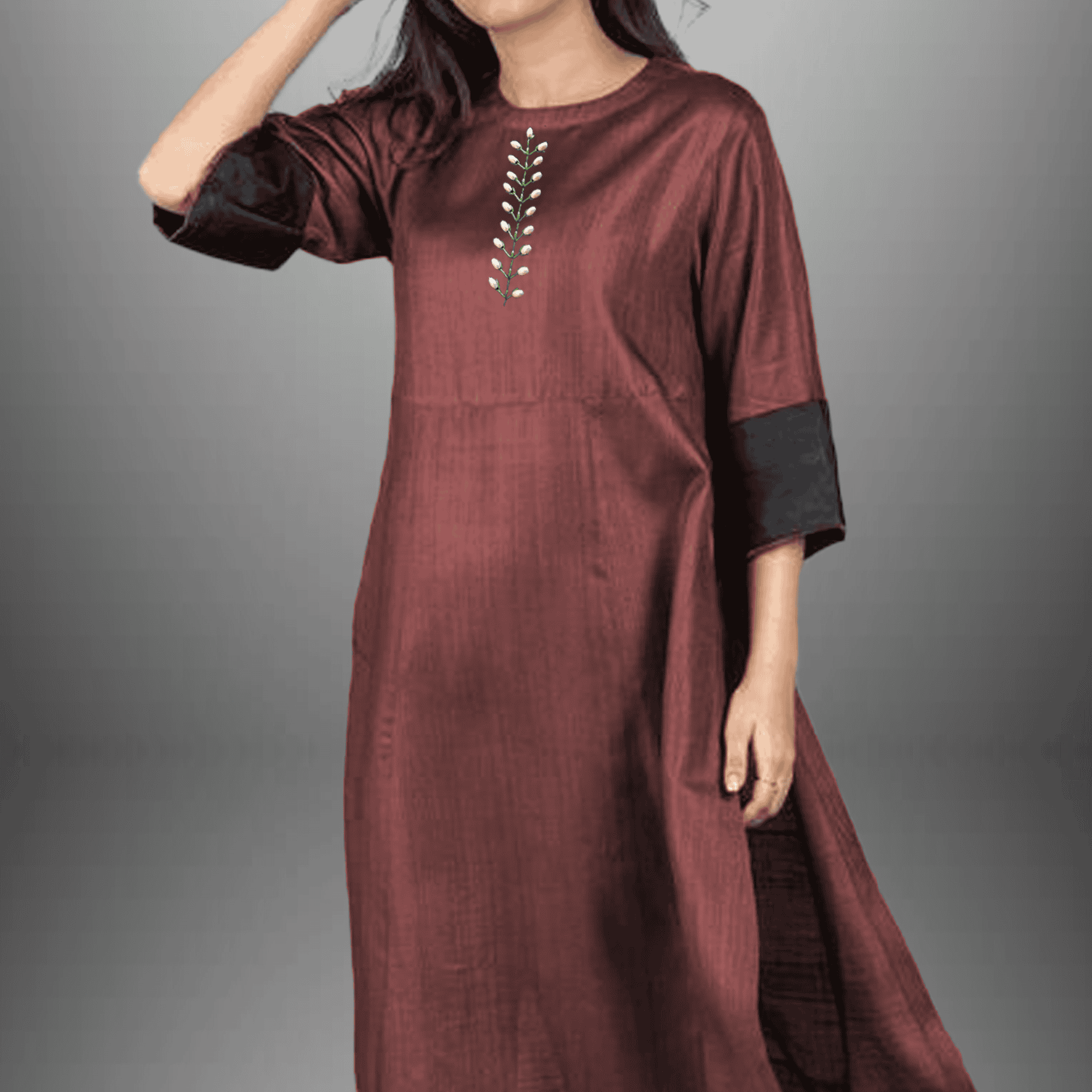 Women's Chestnut color  Cotton silk kurti set with  bead embroidery-RWKS010