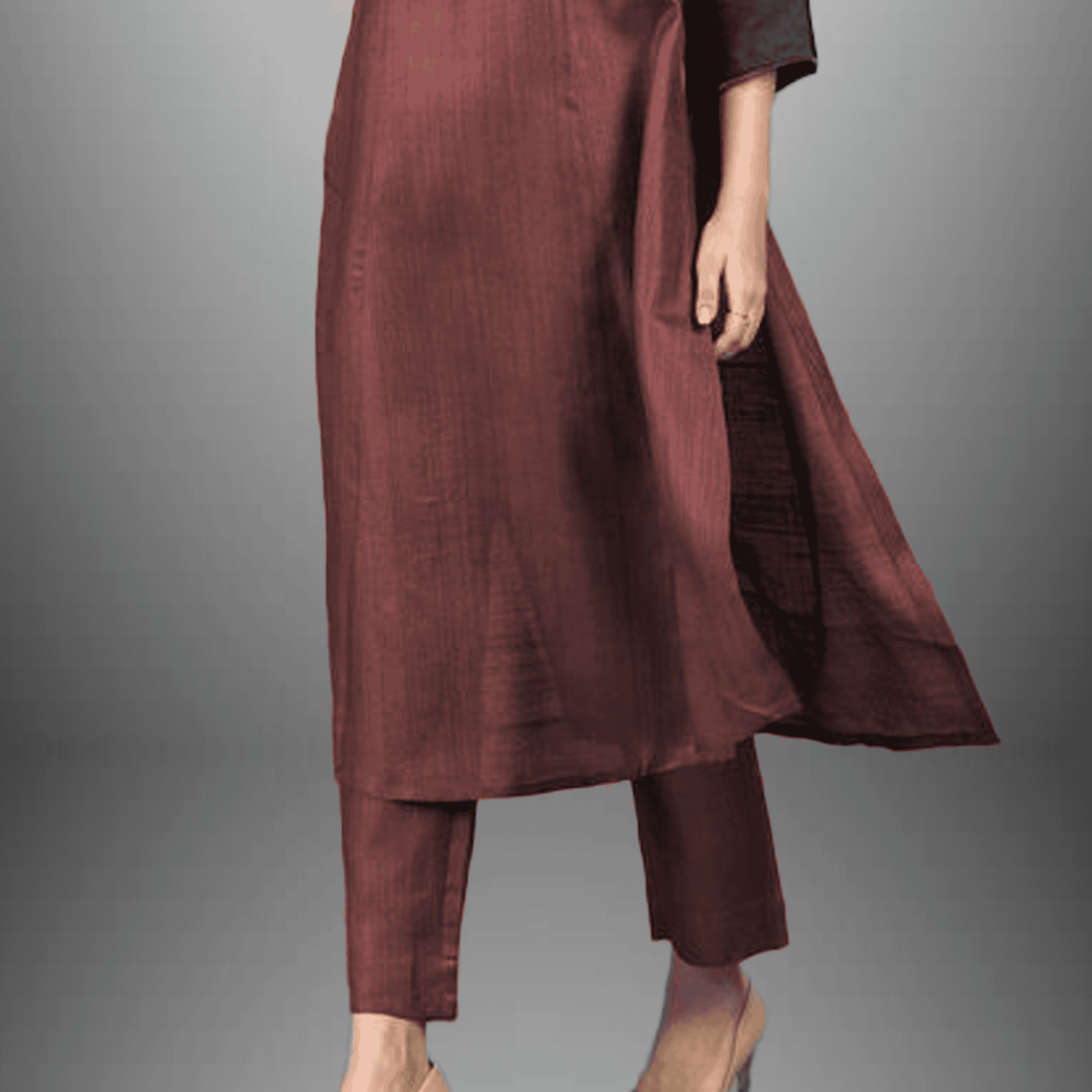 Women's Chestnut color  Cotton silk kurti set with  bead embroidery-RWKS010