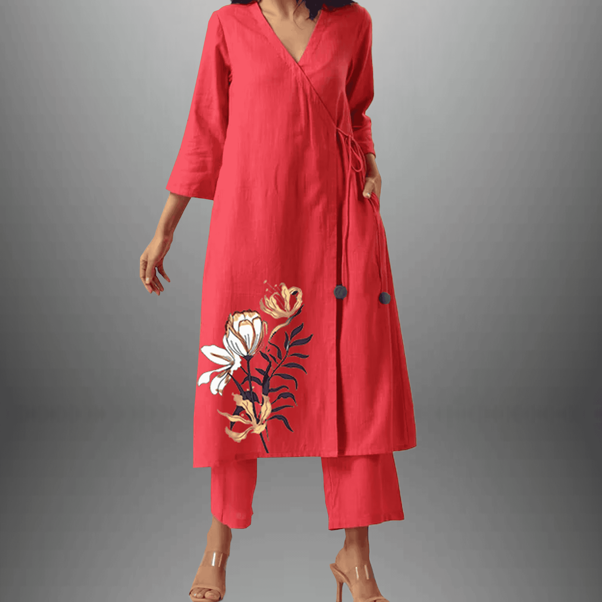 Women's overlapped kurti with floral motif with pant-RWKS020