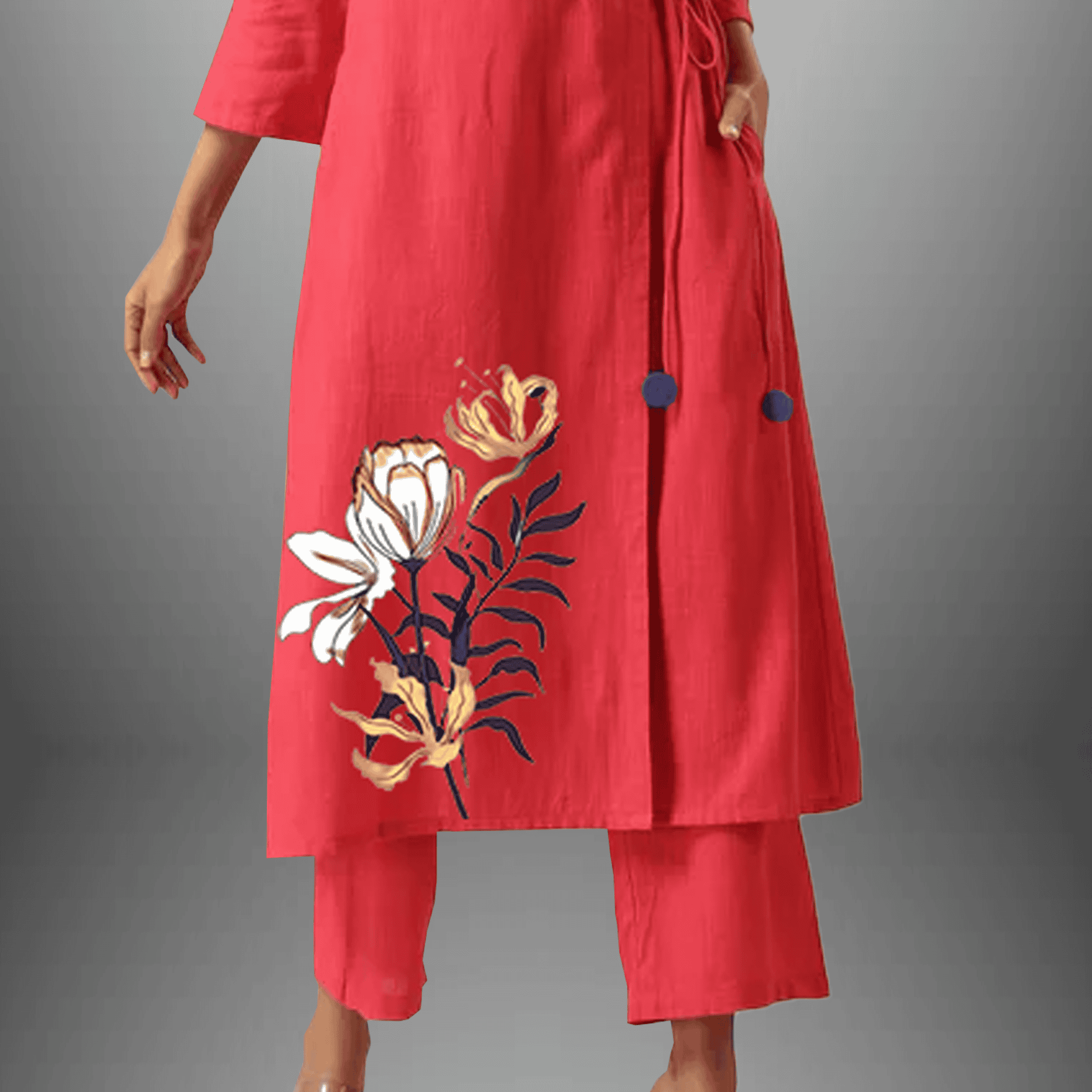 Women's overlapped kurti with floral motif with pant-RWKS020