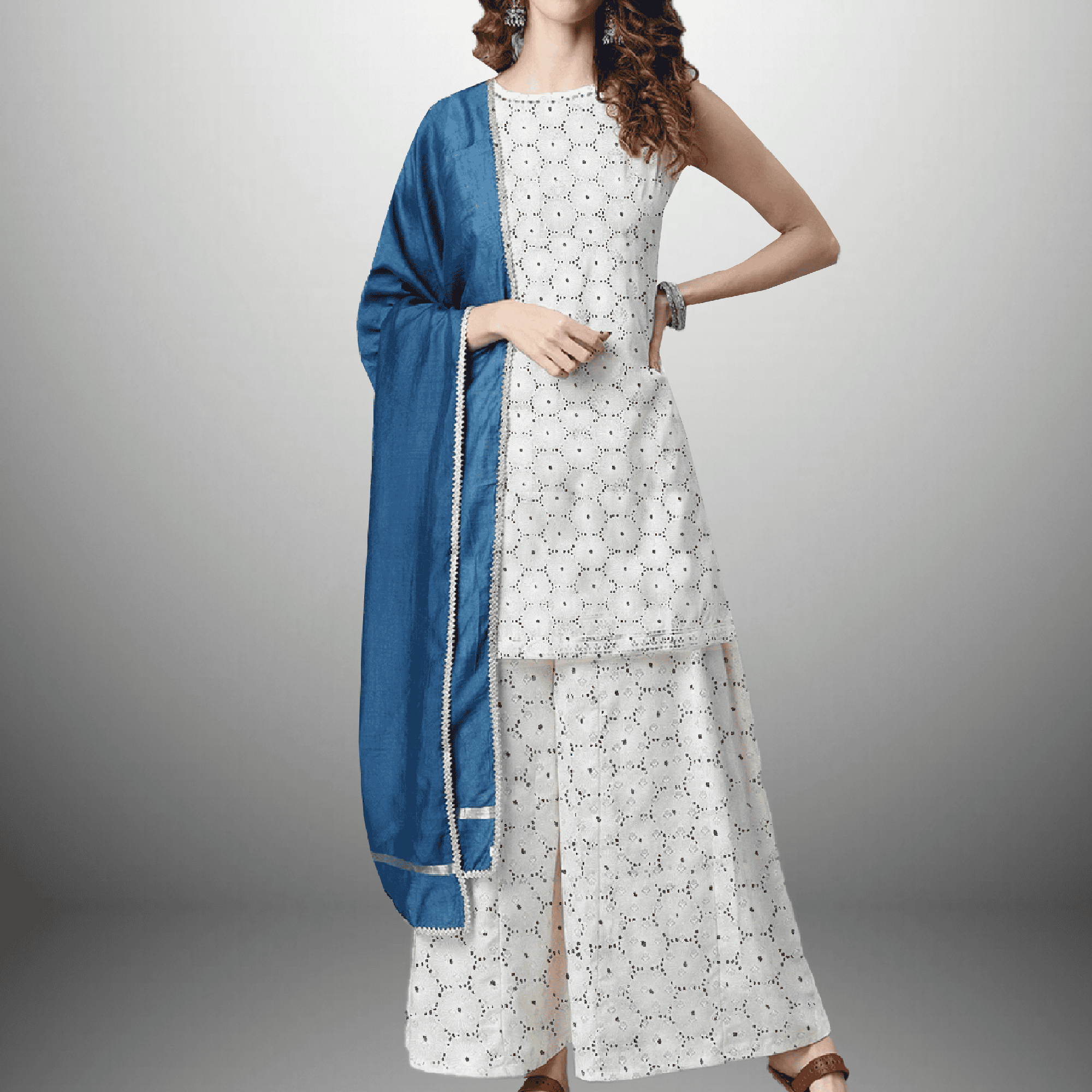 Women's hakoba kurti set with a blue dupatta with silver lace-RWKS006