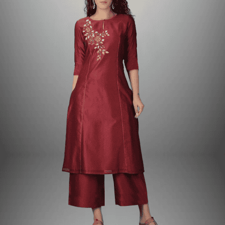 Women's Maroon straight kurti set with side embroidery-RWKS017