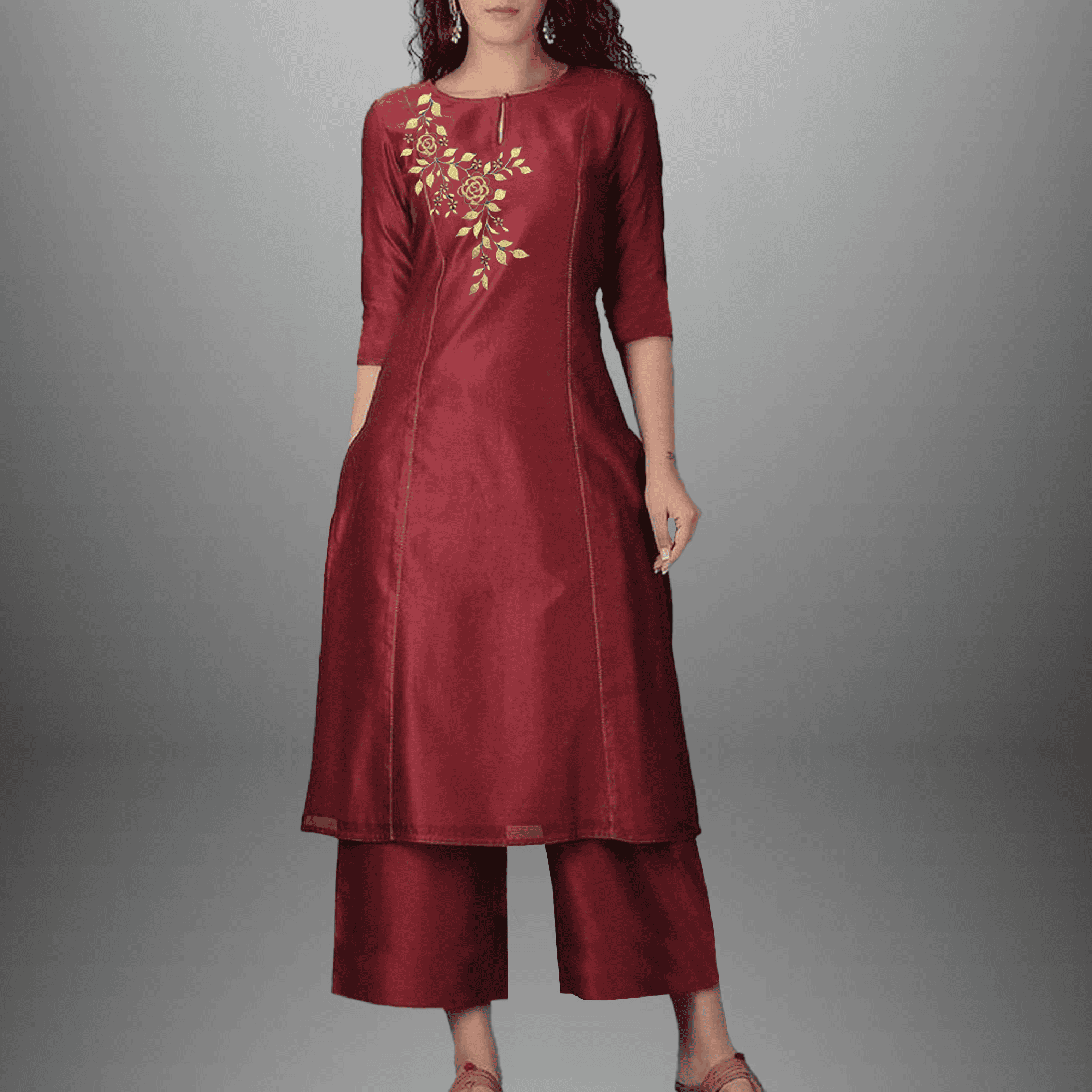 Women's Maroon straight kurti set with side embroidery-RWKS017