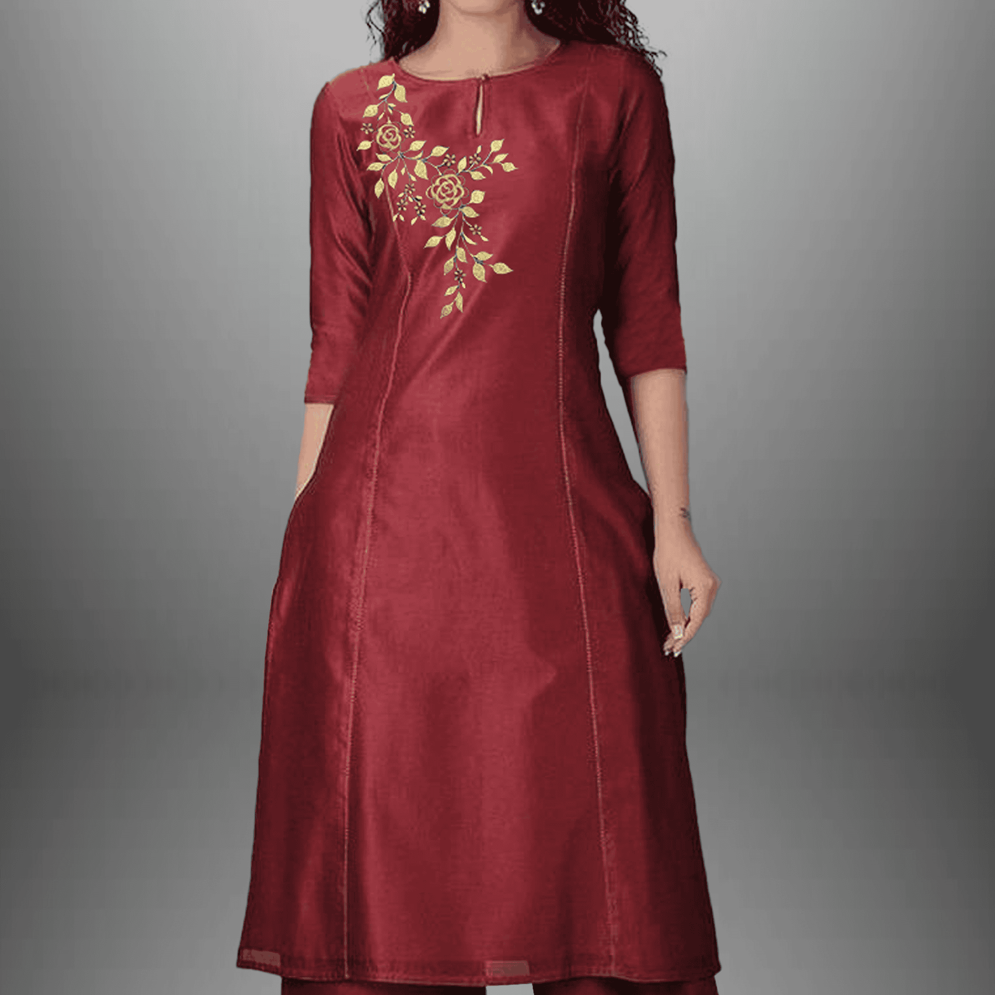 Women's Maroon straight kurti set with side embroidery-RWKS017