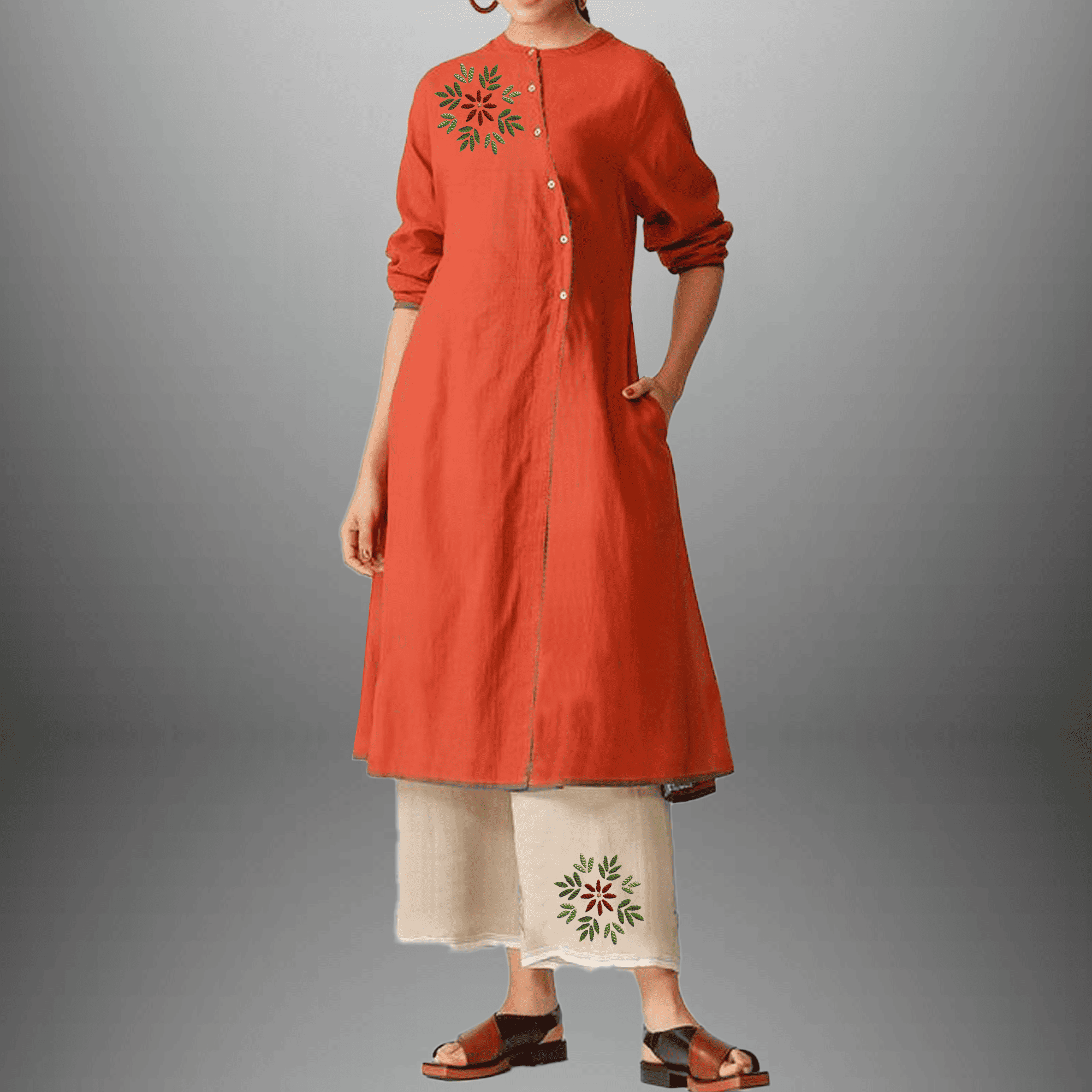 Women's Orange kurta with button embellishment & Off-white Palazzo-RWKS024