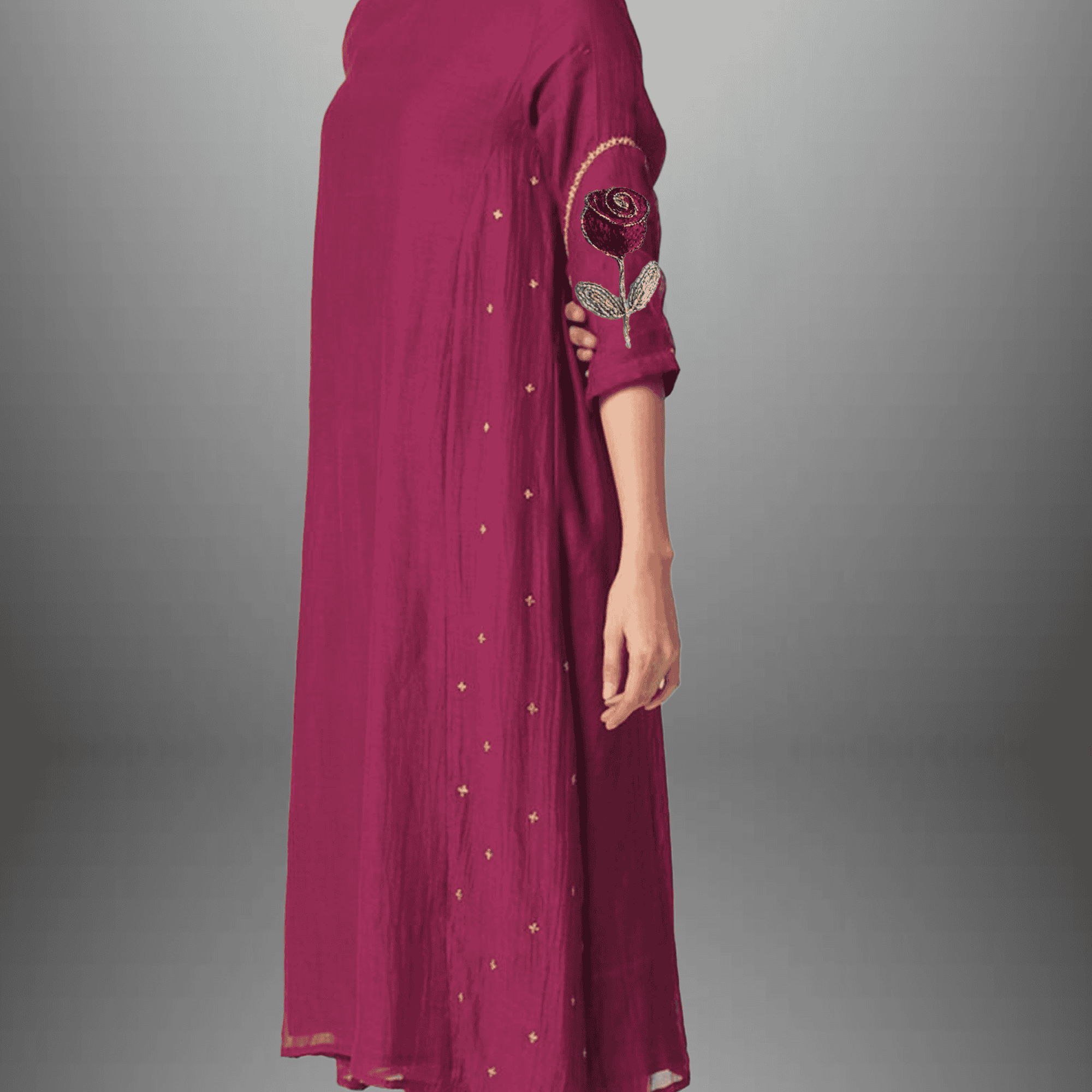Women's plum Color kurti set with sleeve embroidery work-RWKS019