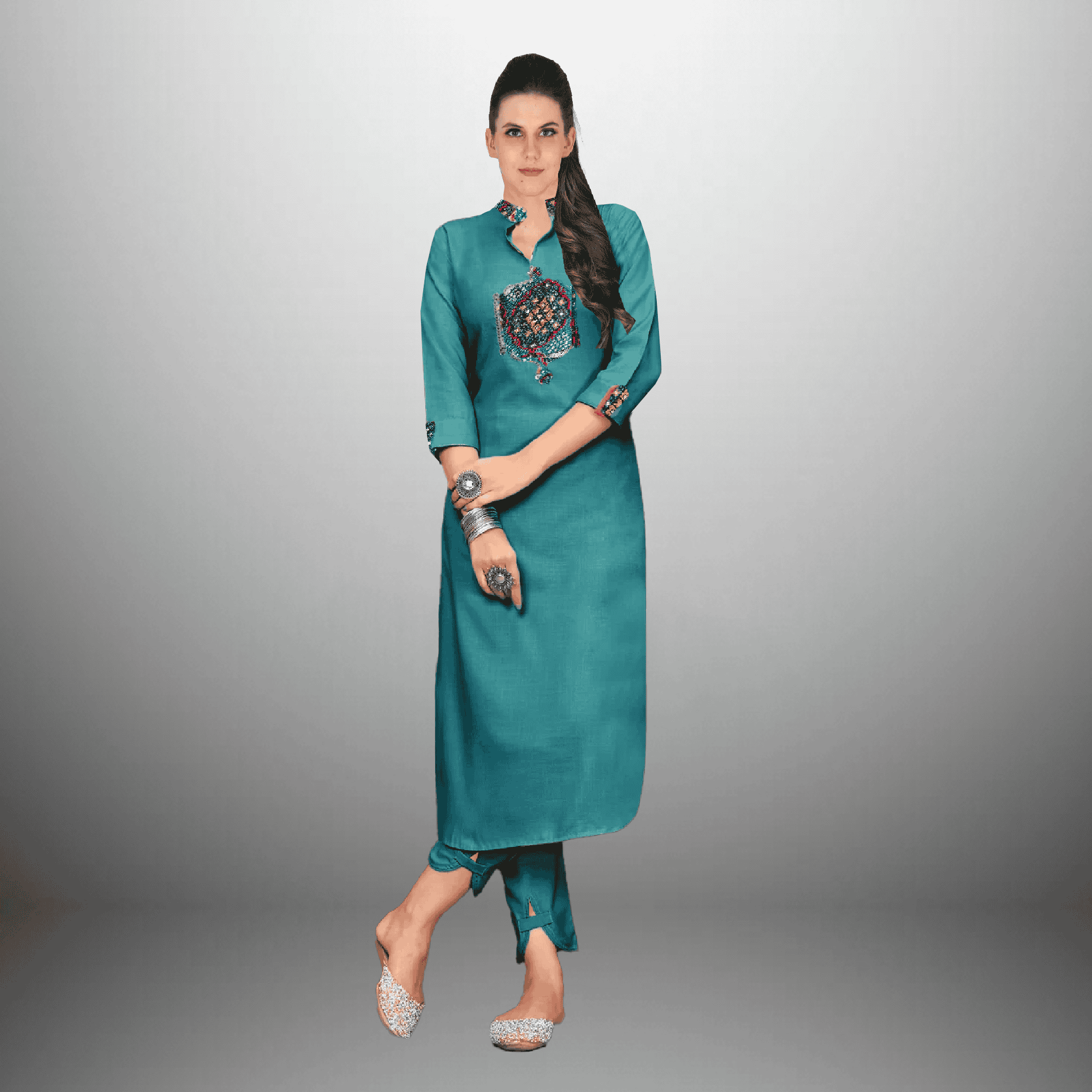 Women's Teal blue kurti set with printed patch work on it-RWKS001